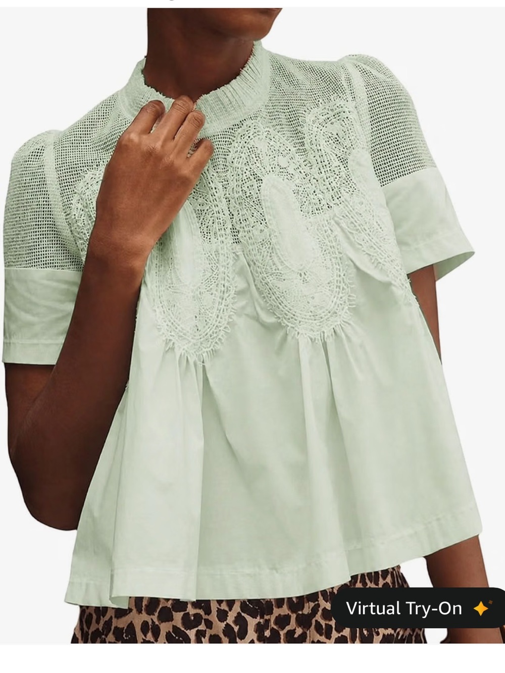VAOYIU Light Green Lace Detail Flared Swing Blouse Size M NWT